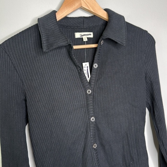 Madewell Curved Hem Polo Cardigan Ribbed Tee in True Black Size XS NWT - Picture 4 of 6